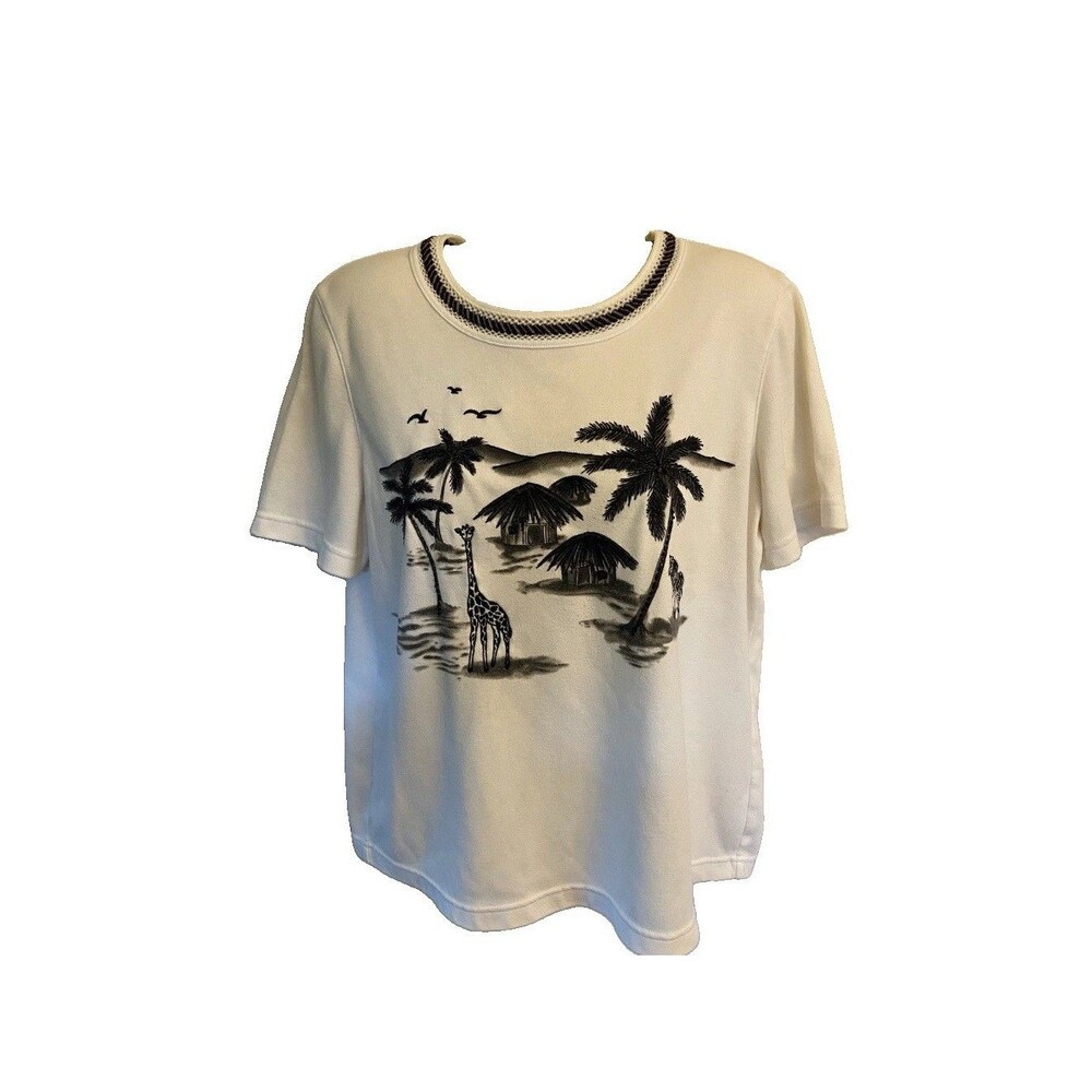 VTG Koret White Black Embroidered Safari Top Giraffe Zebra T-shirt Plus 3X